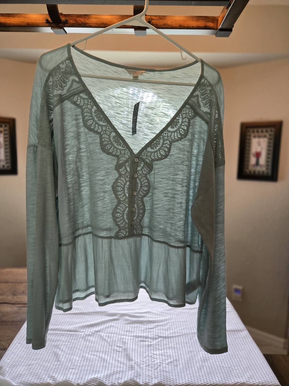 NEW Lucky Brand Sage Green Lace-Trim V-Neck Blouse